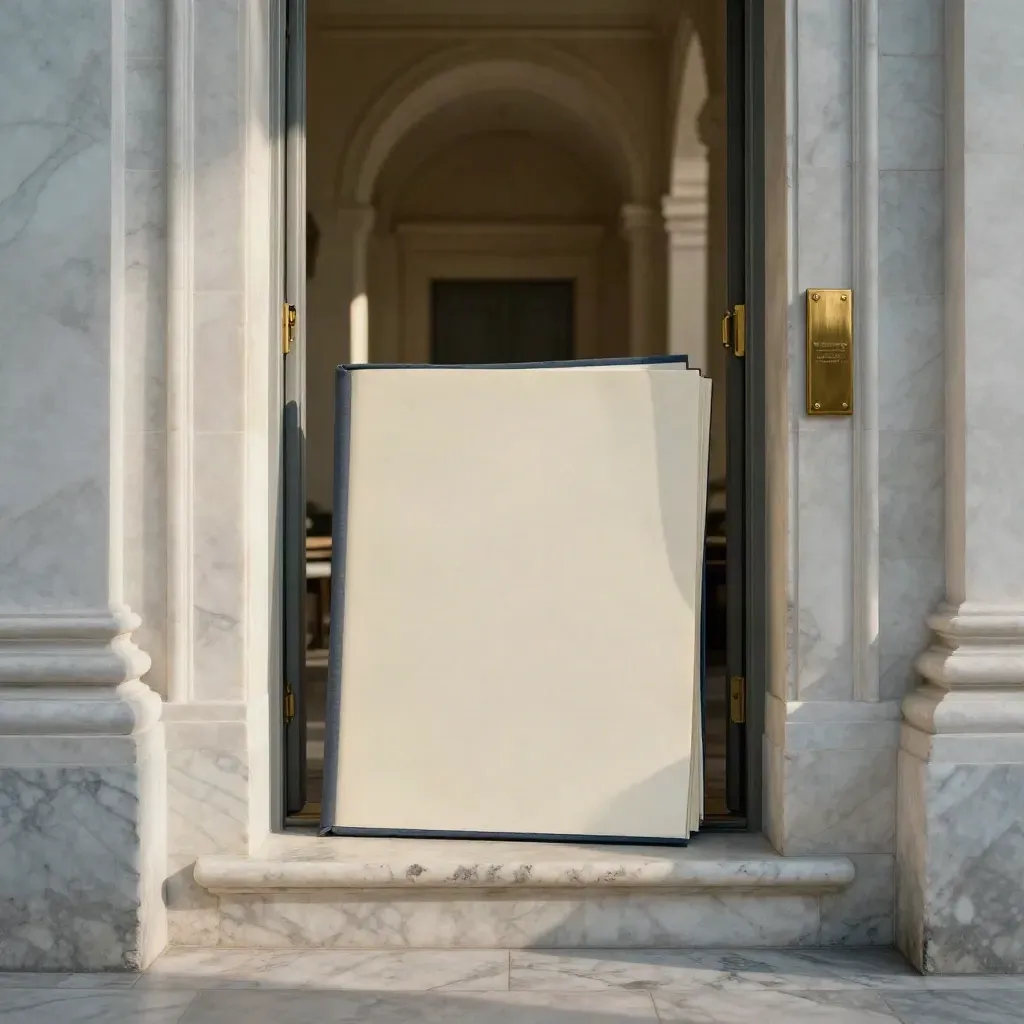 Pasillo de mármol ante una sala civil con carpeta sellada y placa de bronce.