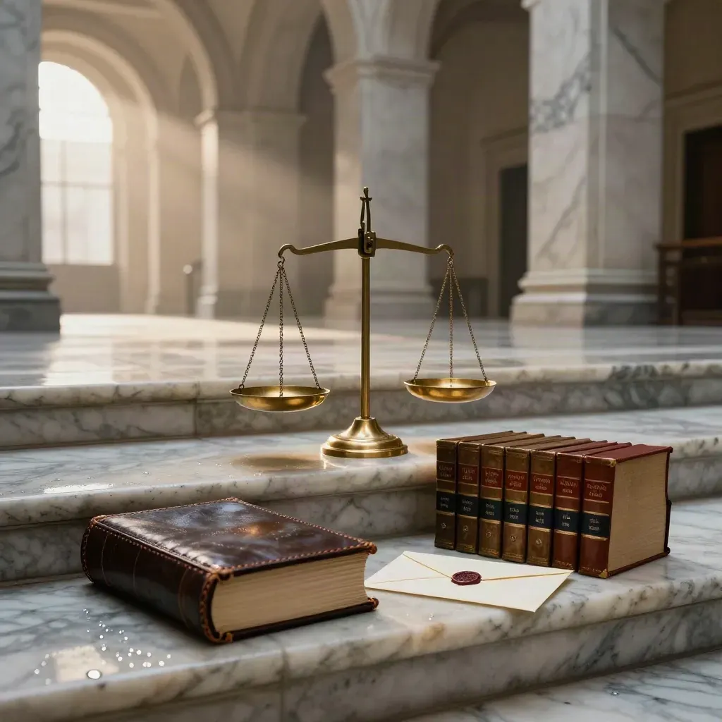 Vestíbulo de mármol con balanza de bronce, carpeta de cuero y libros de leyes tras la lluvia.