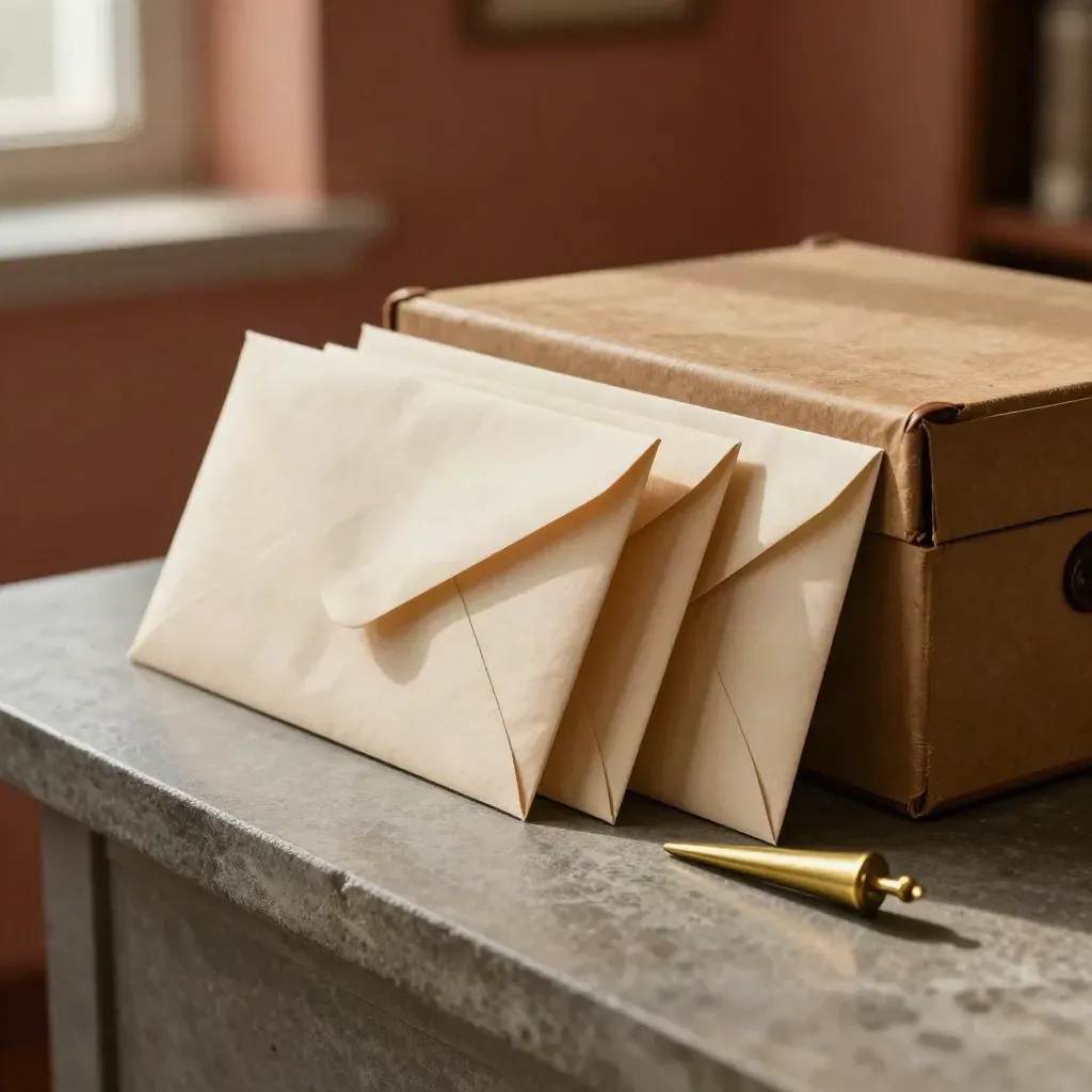 Sobres devueltos, caja de archivo cerrada y sacapapeles dorado sobre piedra.
