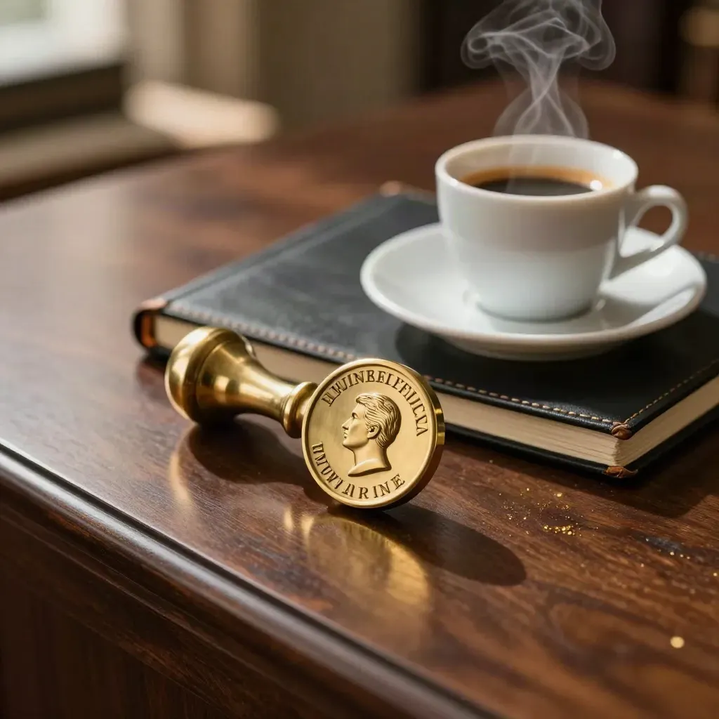 Sello de empresa, agenda cerrada y espresso sobre madera oscura con luz suave y vapor tenue.