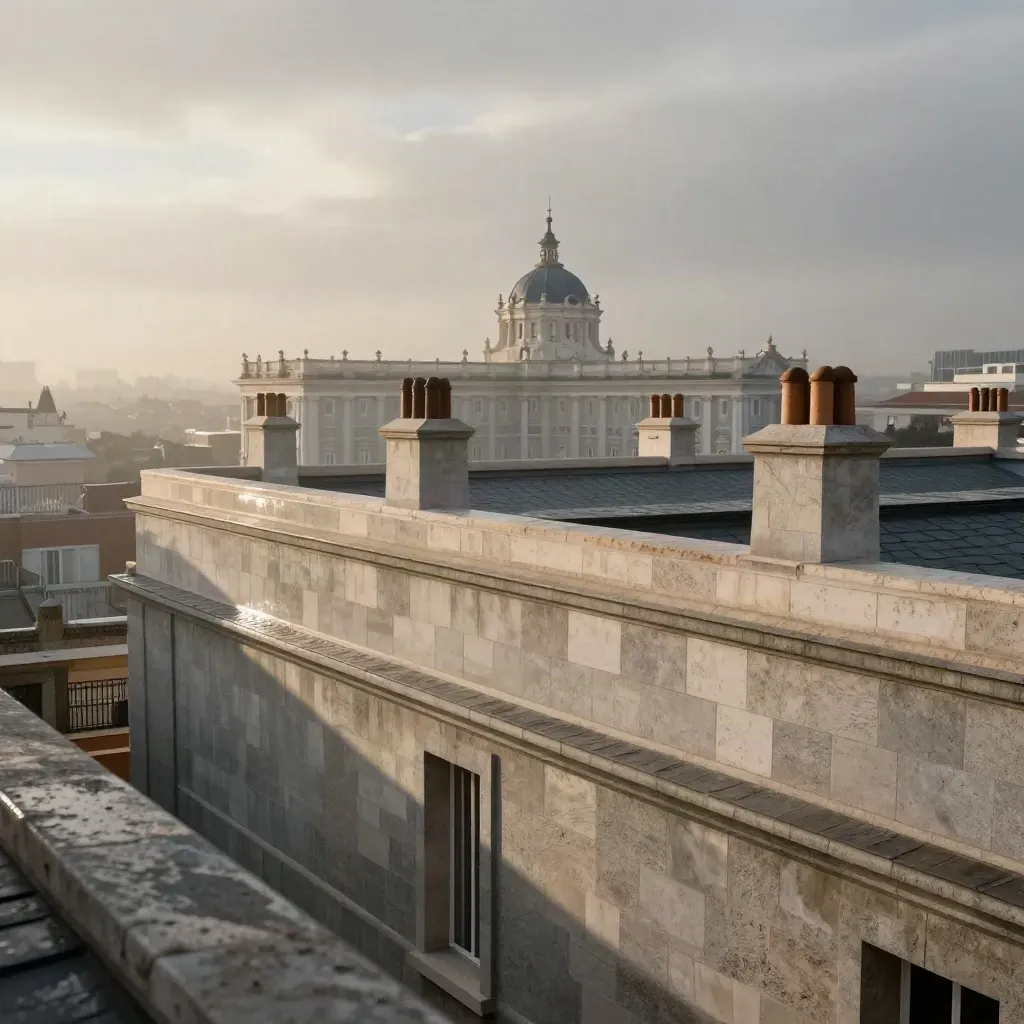Panorámica de Madrid al amanecer con el Palacio de Cibeles entre bruma tras la lluvia.
